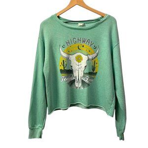 Love Vintage Graphic Crewneck Sweatshirt Pullover Raw Hem Green Size Medium